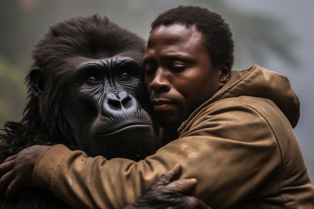 Hugging wildlife gorilla animal. AI generated Image by rawpixel.