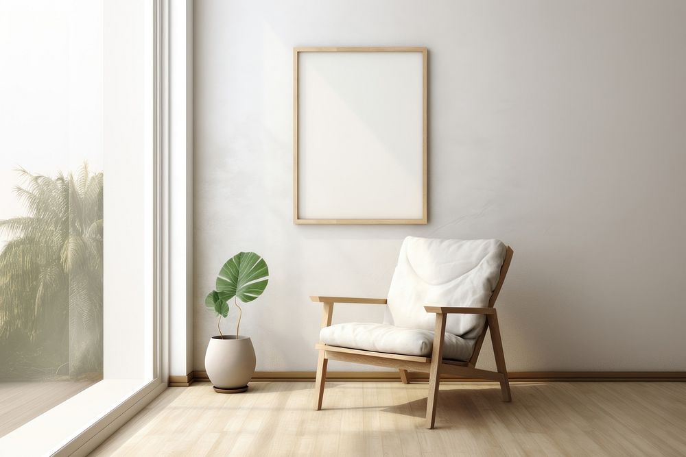 A chair by a woodframe frame  in an empty home furniture armchair architecture.