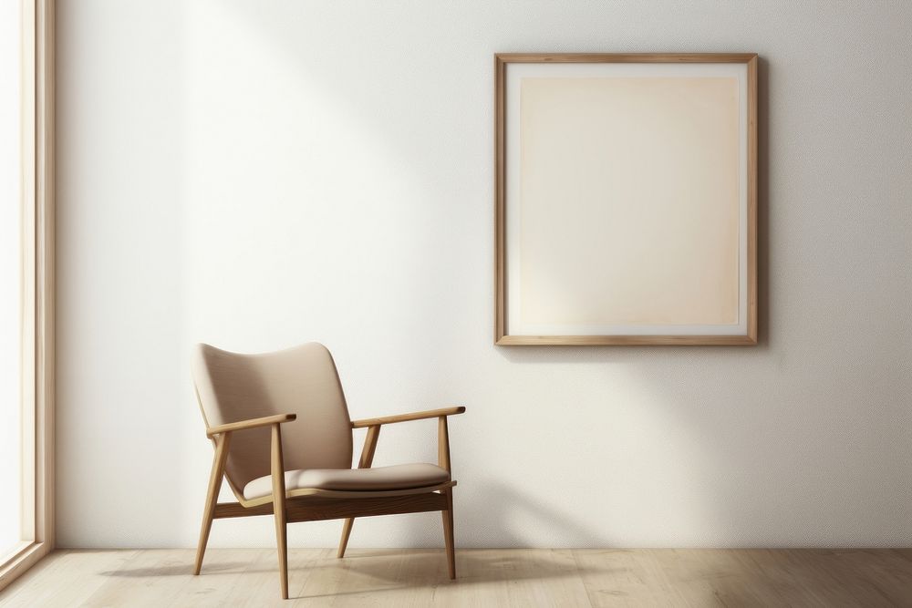 A chair by a woodframe frame  in an empty home furniture armchair canvas.