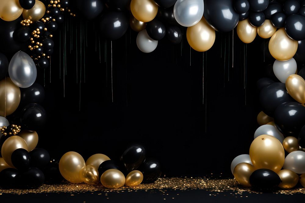 Black background with gold and black balloons border illuminated celebration anniversary.