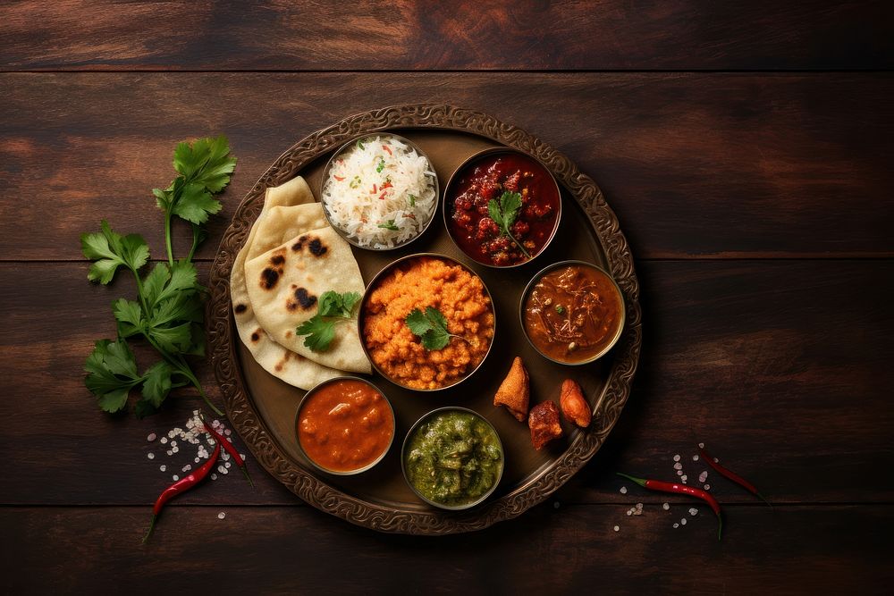 Indian food plate ingredient vegetable. AI generated Image by rawpixel.