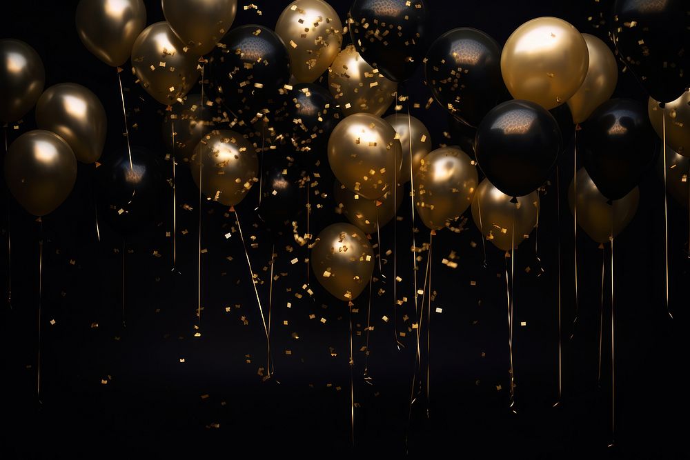 Golden balloons on a black background night illuminated celebration.