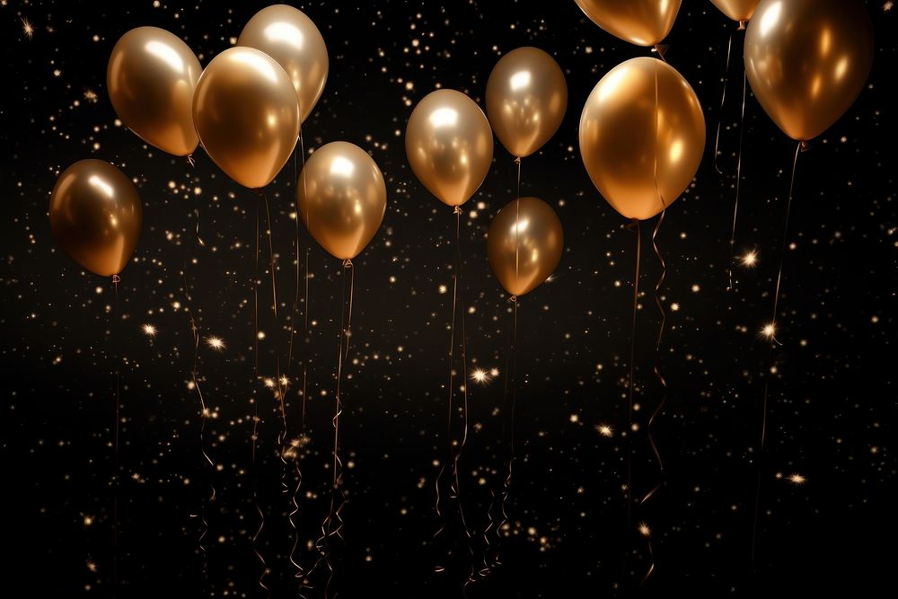 Golden balloons on a black background night illuminated celebration.