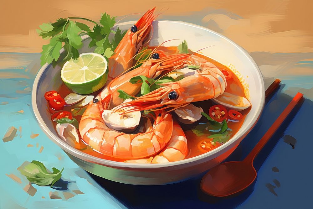 Tom Yum Seafood seafood bowl shrimp. AI generated Image by rawpixel.