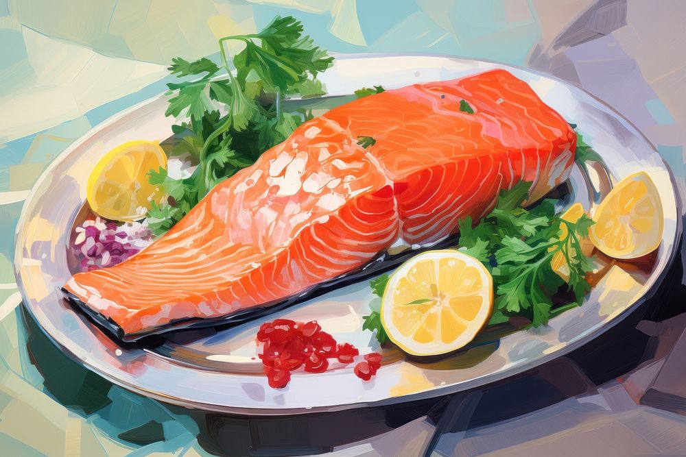 Seafood staek seafood salmon plate. AI generated Image by rawpixel.