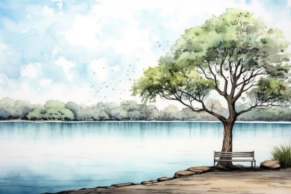 Lake in the park outdoors painting nature. AI generated Image by rawpixel.