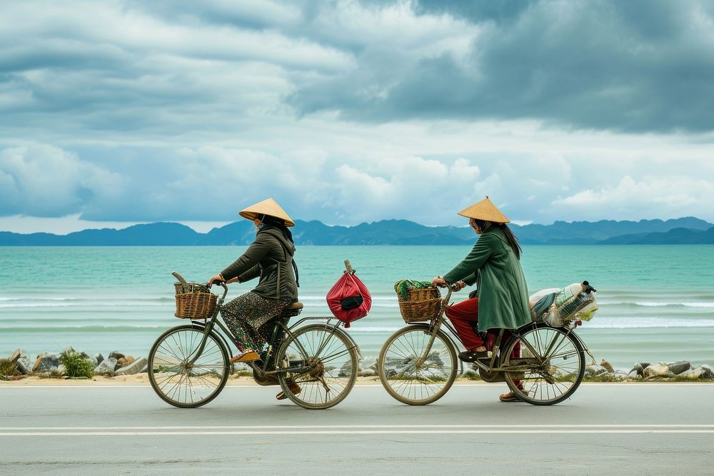 Chinese women vacation vehicle bicycle.