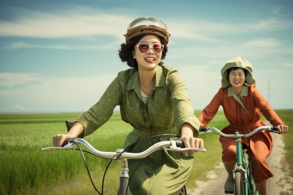 Chinese women portrait bicycle vehicle.