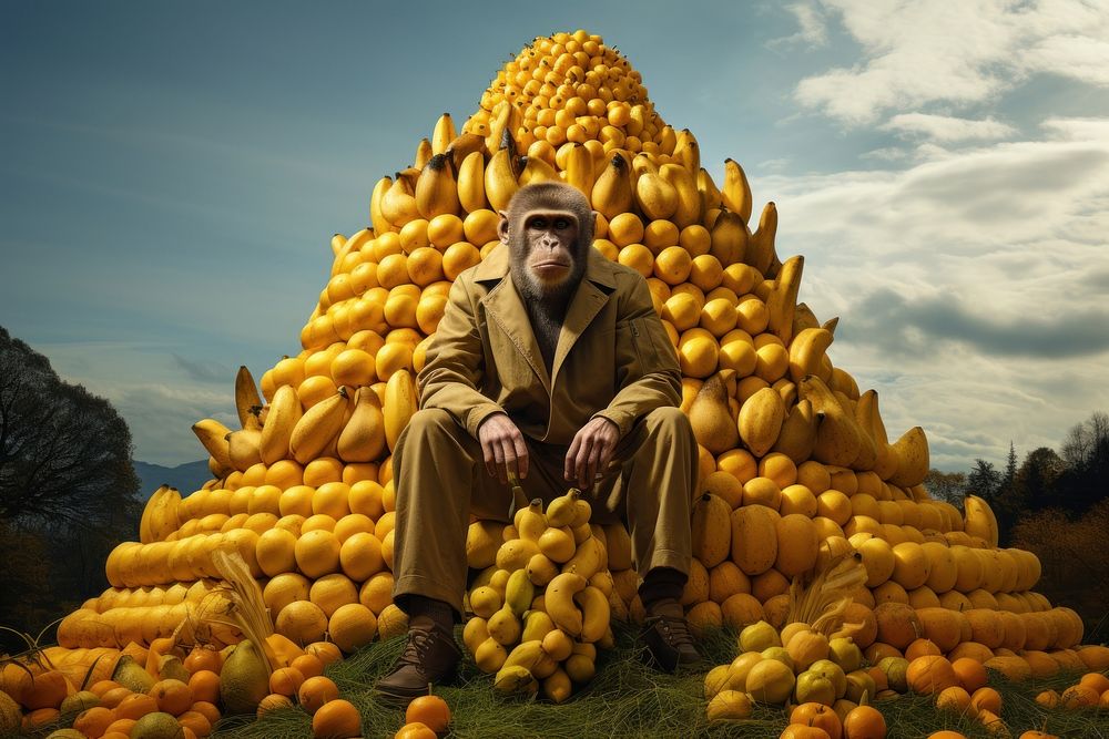 Pyramid of bananas in a park portrait outdoors sitting. AI generated Image by rawpixel.