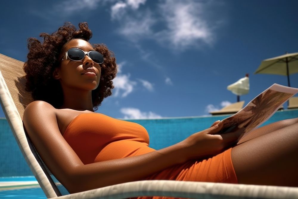  Black women sunbathing poolside glasses. AI generated Image by rawpixel.