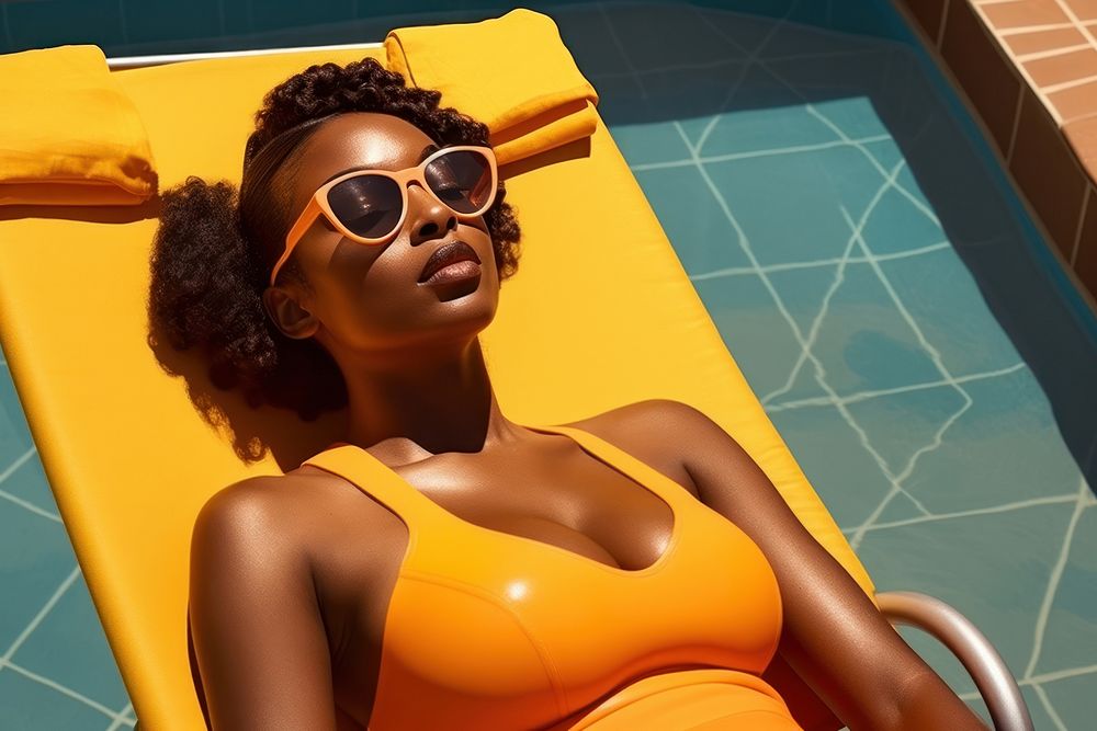  Black women sunglasses sunbathing poolside. AI generated Image by rawpixel.