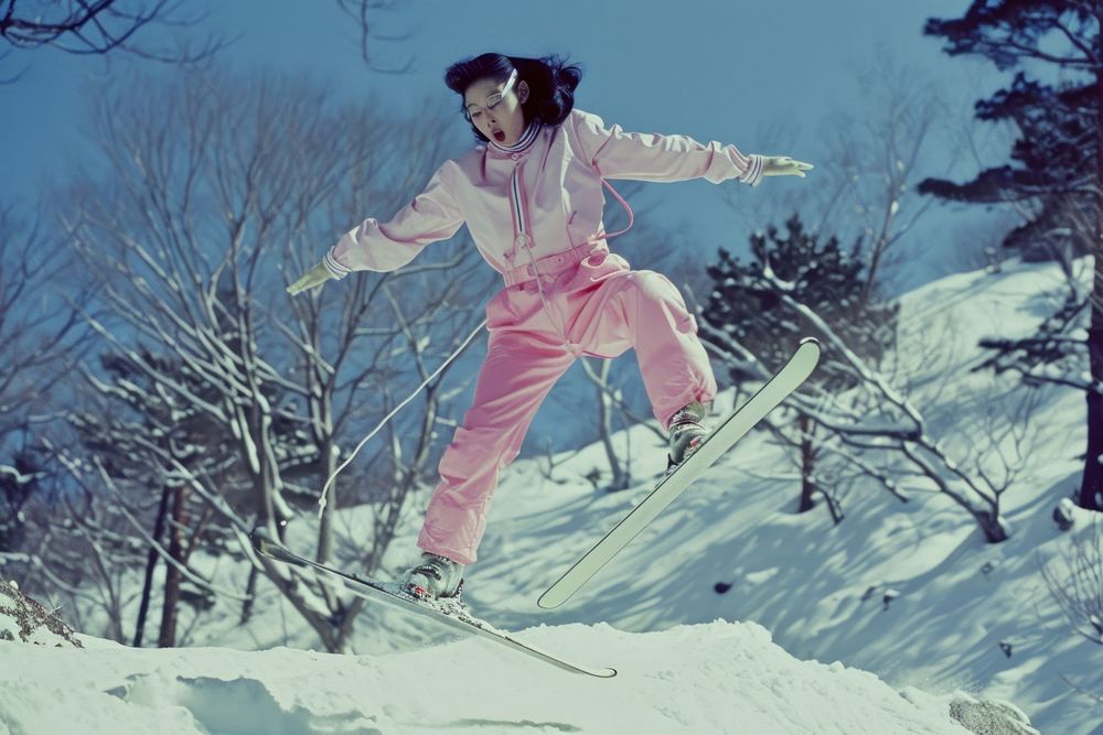 Korean woman outdoors jumping skiing.