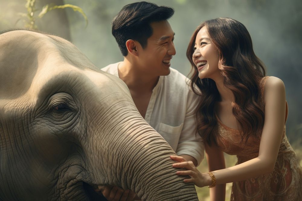  Thai couple elephant laughing wildlife. AI generated Image by rawpixel.