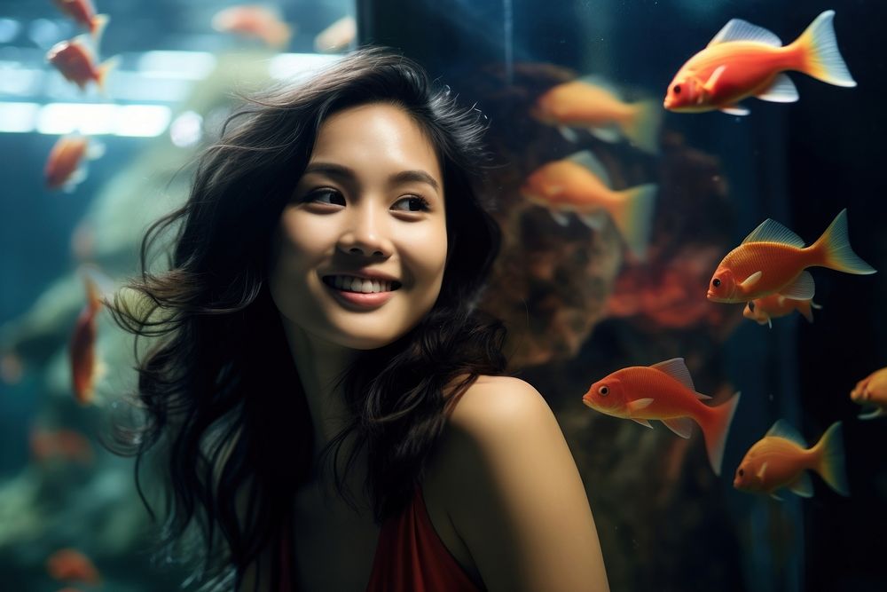  Thai portrait aquarium smile. AI generated Image by rawpixel.