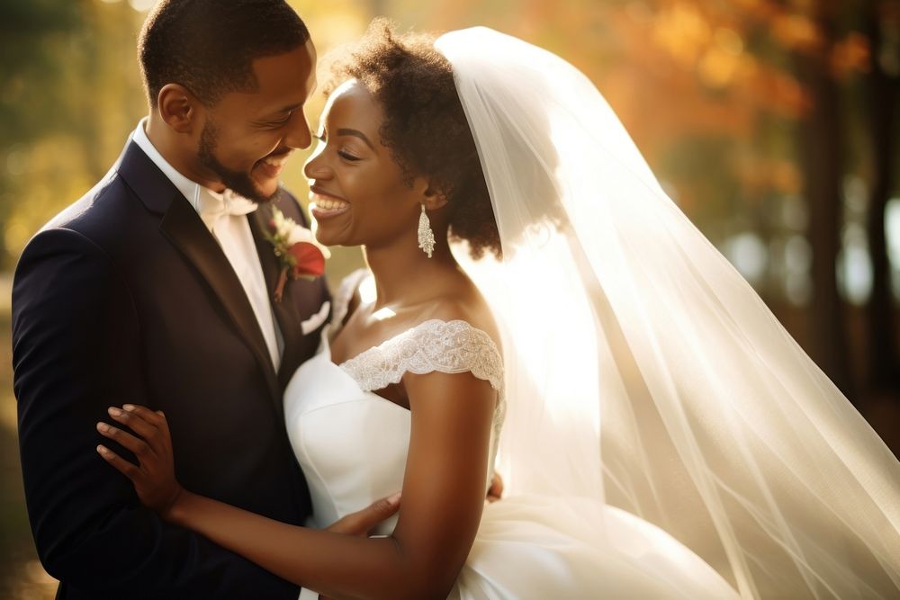 African American couple happy wedding fashion dress bride.