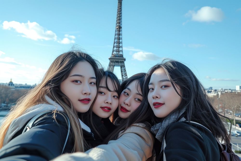 Korean girls selfie architecture tower.