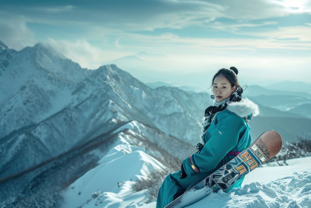 Korean woman snow mountain outdoors.