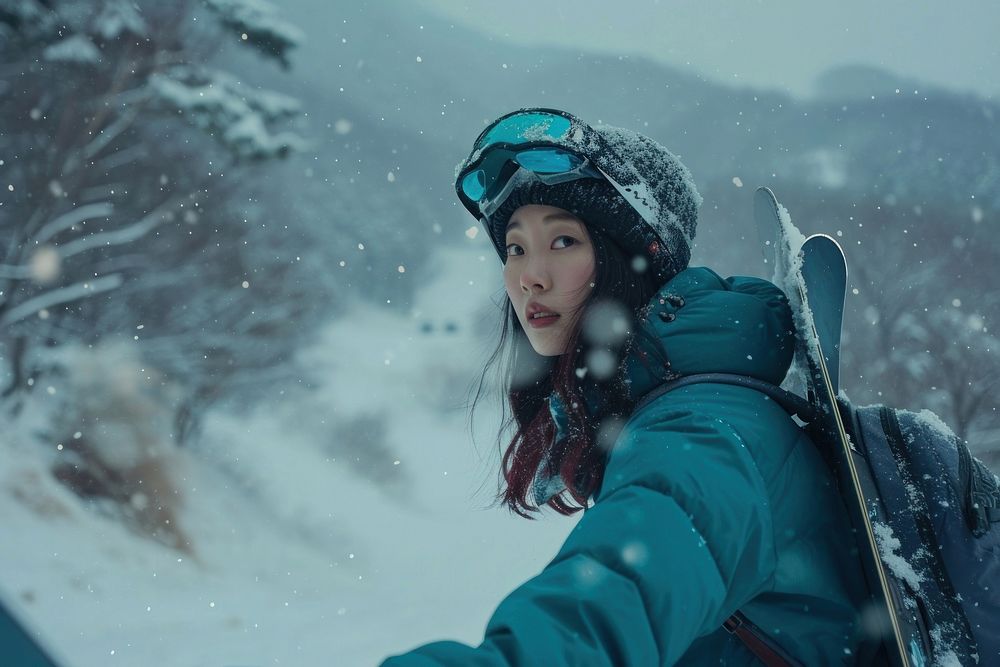 Korean woman snow photography mountain.