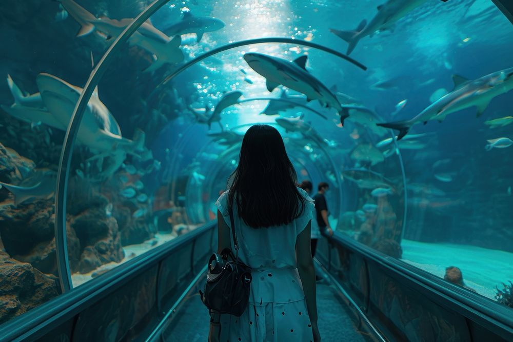 Korean woman aquarium shark outdoors.
