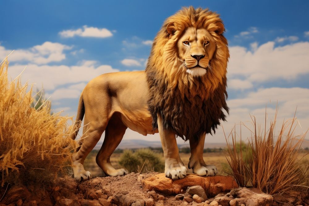 Lion on savana wildlife outdoors mammal. AI generated Image by rawpixel.