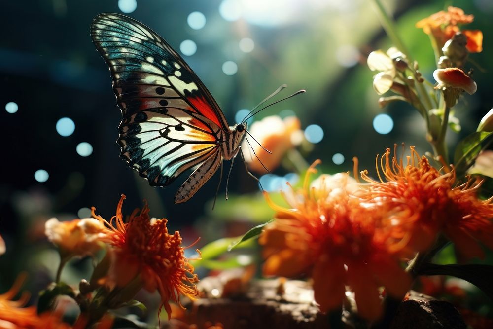Butterflies fly nearby flower butterfly outdoors animal. AI generated Image by rawpixel.
