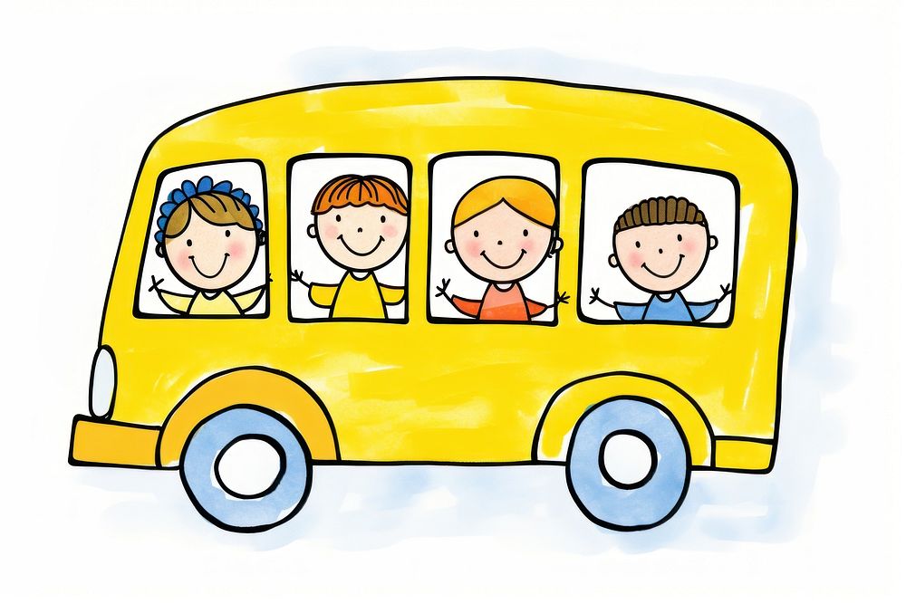 3 kids in the yellow school bus vehicle cartoon transportation.