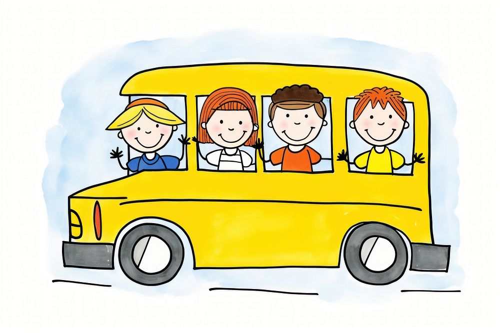 3 kids in the yellow school bus car vehicle cartoon.