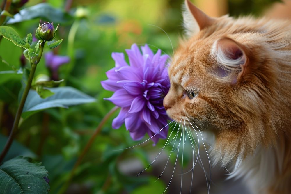 Ginger cat curiously sniffing flower purple outdoors.