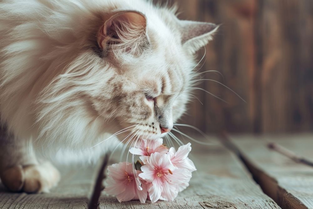 Cat curiously sniffing flower mammal animal.