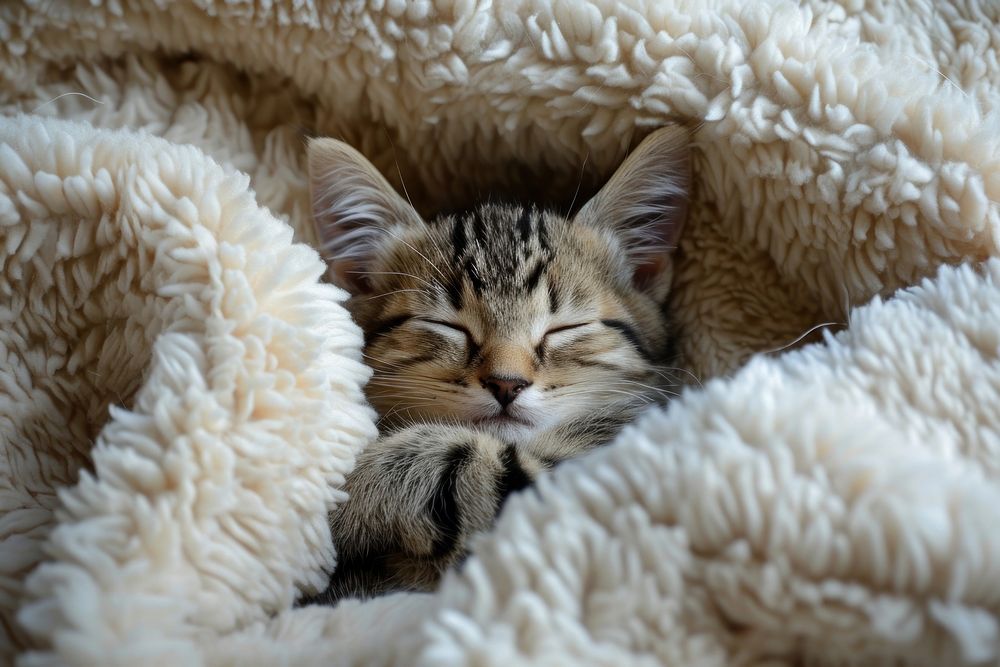 Sleepy kitten blanket mammal animal.