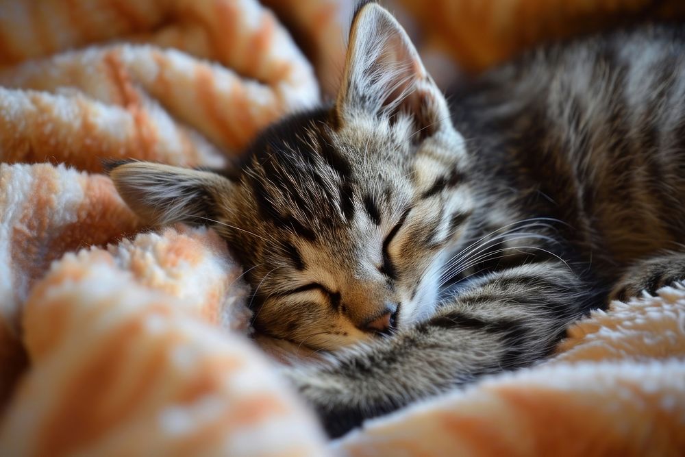 Sleepy kitten blanket animal mammal.