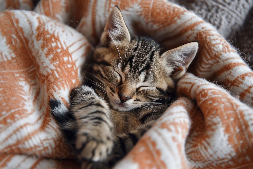 Sleepy kitten blanket mammal animal.