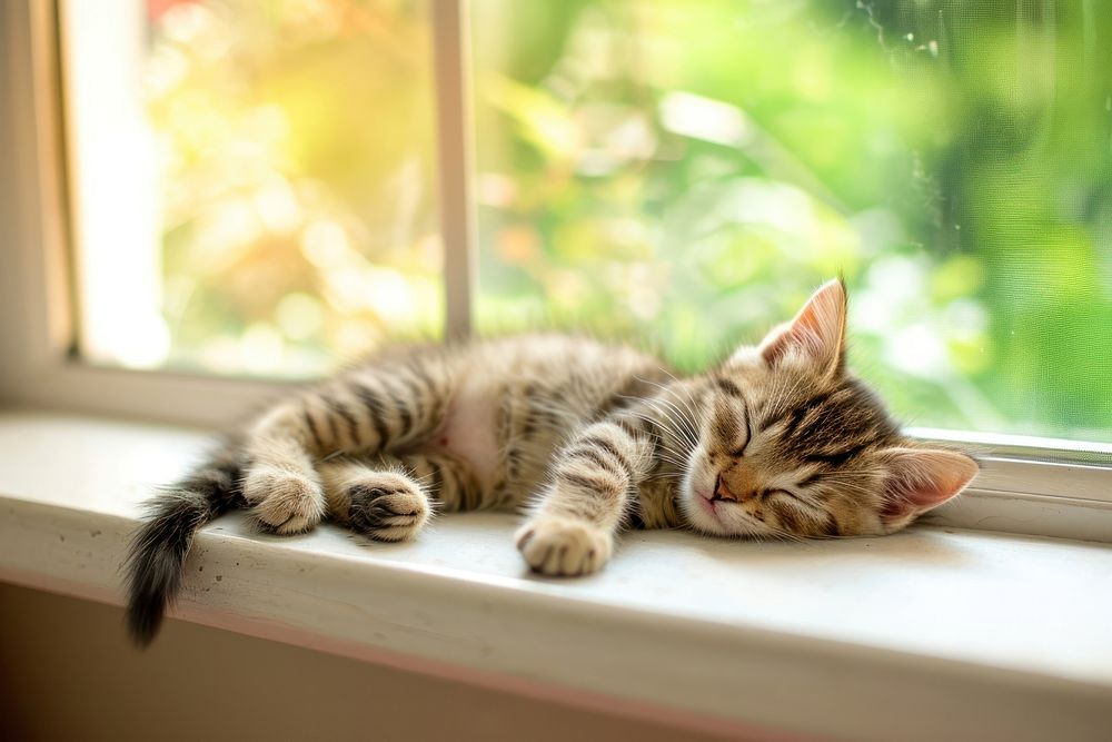 Sleeping kitten windowsill animal mammal.