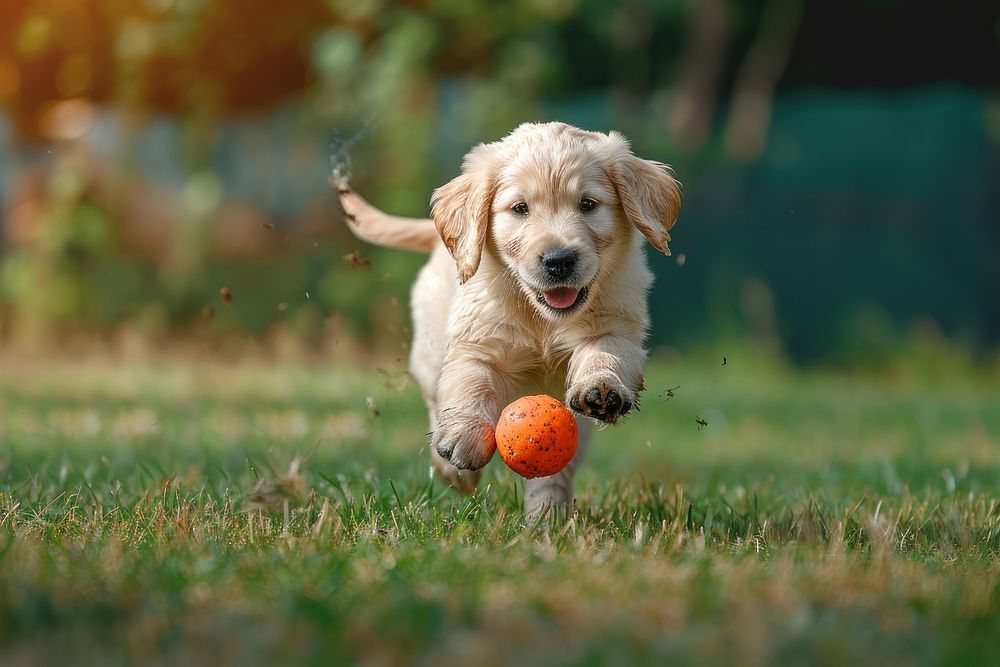 Puppy playing fetch ball football animal.