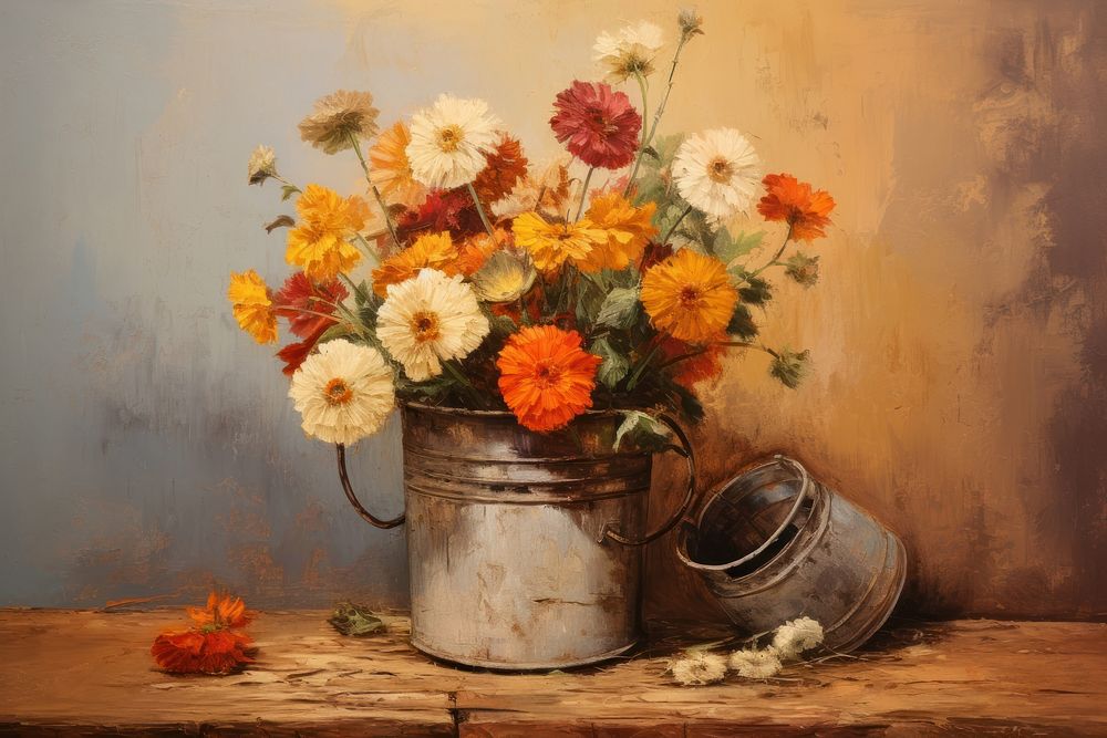  Flowers in bucket painting plant art. AI generated Image by rawpixel.