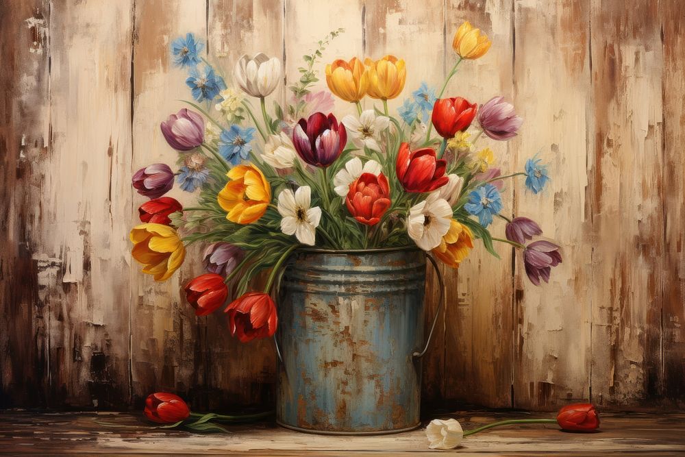  Flowers in bucket painting plant art. 