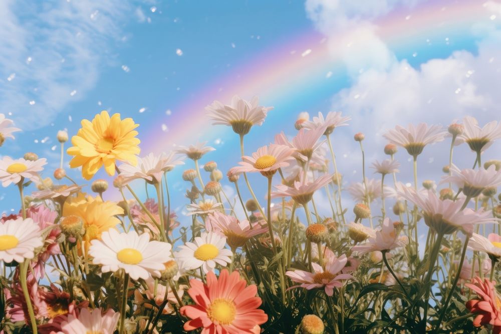 Flowers rainbow field sky.
