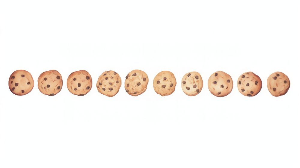 Chocolate chips cookies as divider line watercolour illustration food white background confectionery.