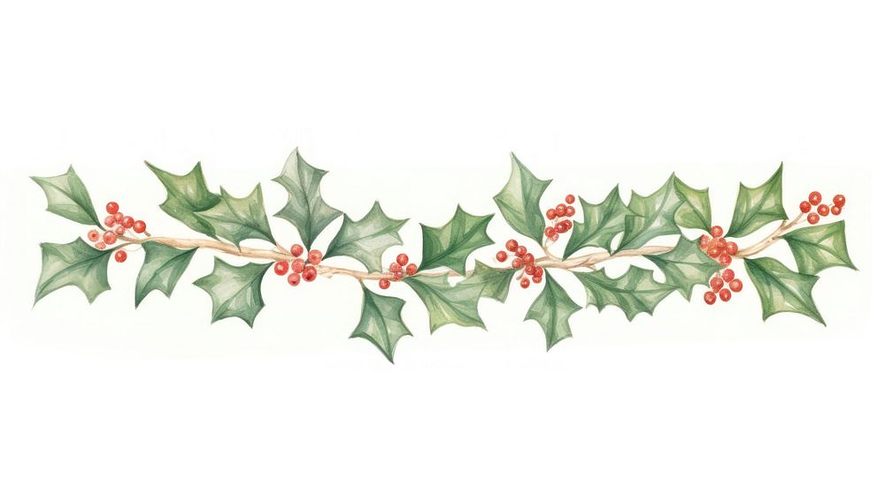 Christmas holly flowers as divider line watercolour illustration pattern plant leaf.