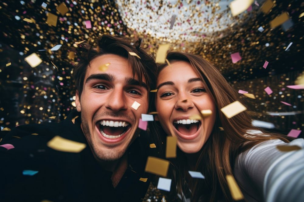 Couple having fun with confetti laughing adult party.