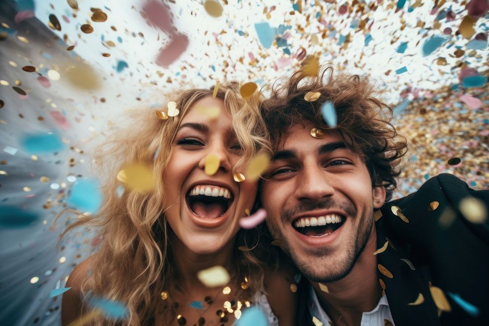 Couple having fun with confetti laughing portrait smile.