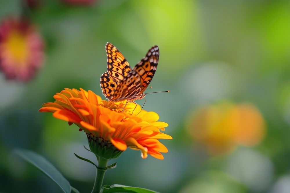 Butterfly eating nectar marigold flower animal. AI generated Image by rawpixel.