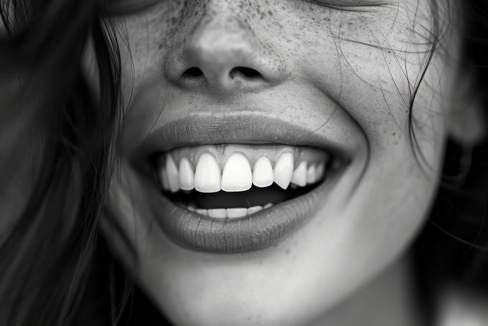 Woman smiling teeth smile monochrome.