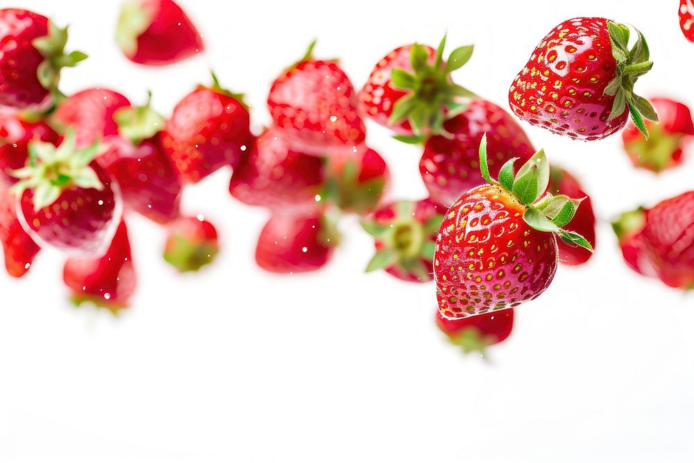 Flying strawberries border strawberry fruit plant.