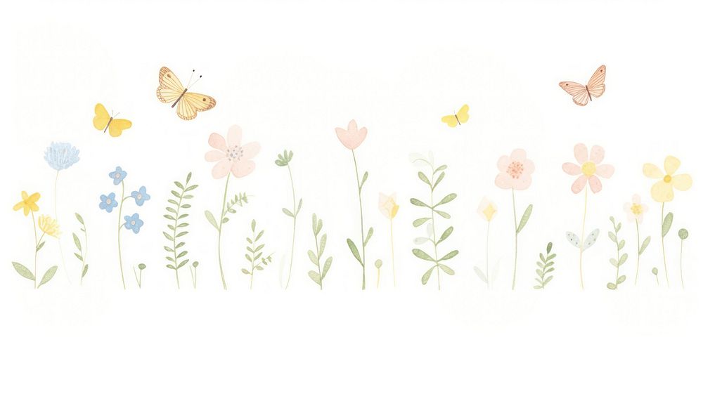 Cute flowers and butterflies as divider line watercolour illustration pattern drawing plant.