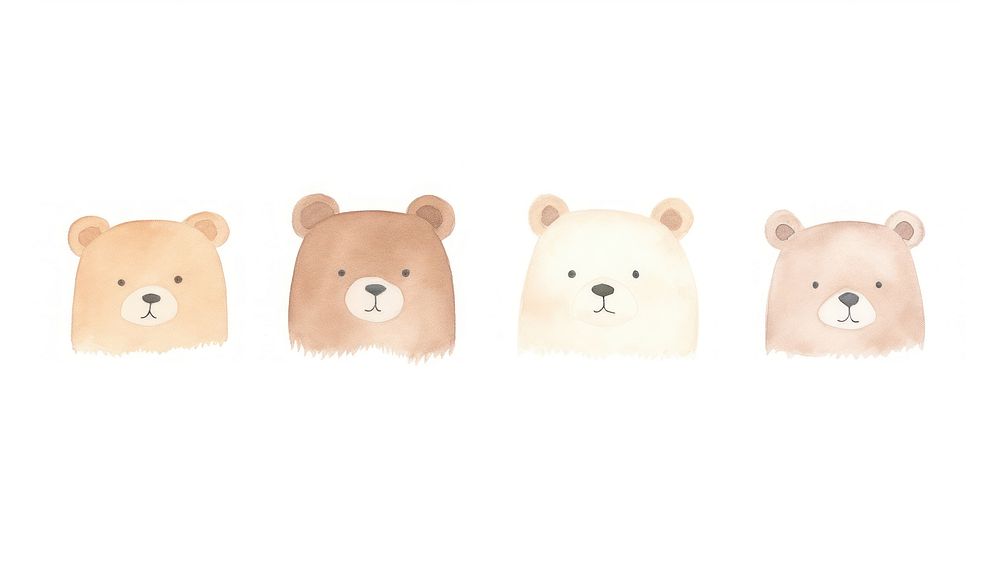 Cute tiny 5 bear heads divider watercolour illustration mammal animal white background.