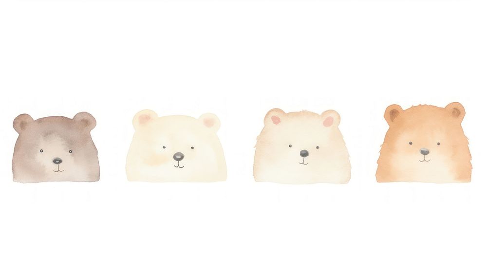 Cute tiny 5 bears heads divider watercolour illustration mammal animal white background.