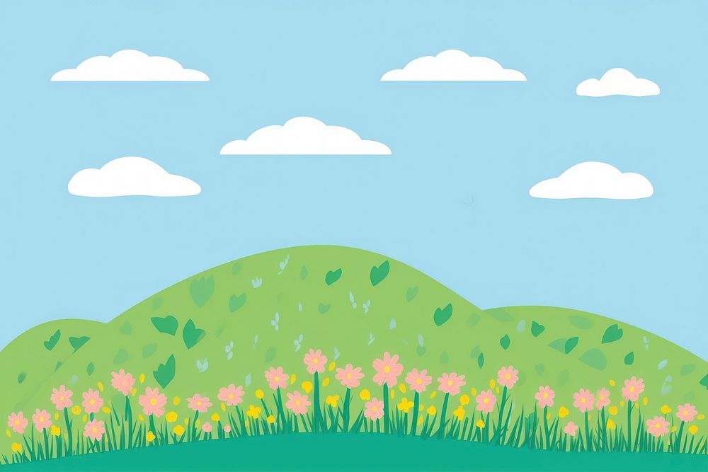  Green grass hills with some colorful flowers landscape sky backgrounds. AI generated Image by rawpixel.