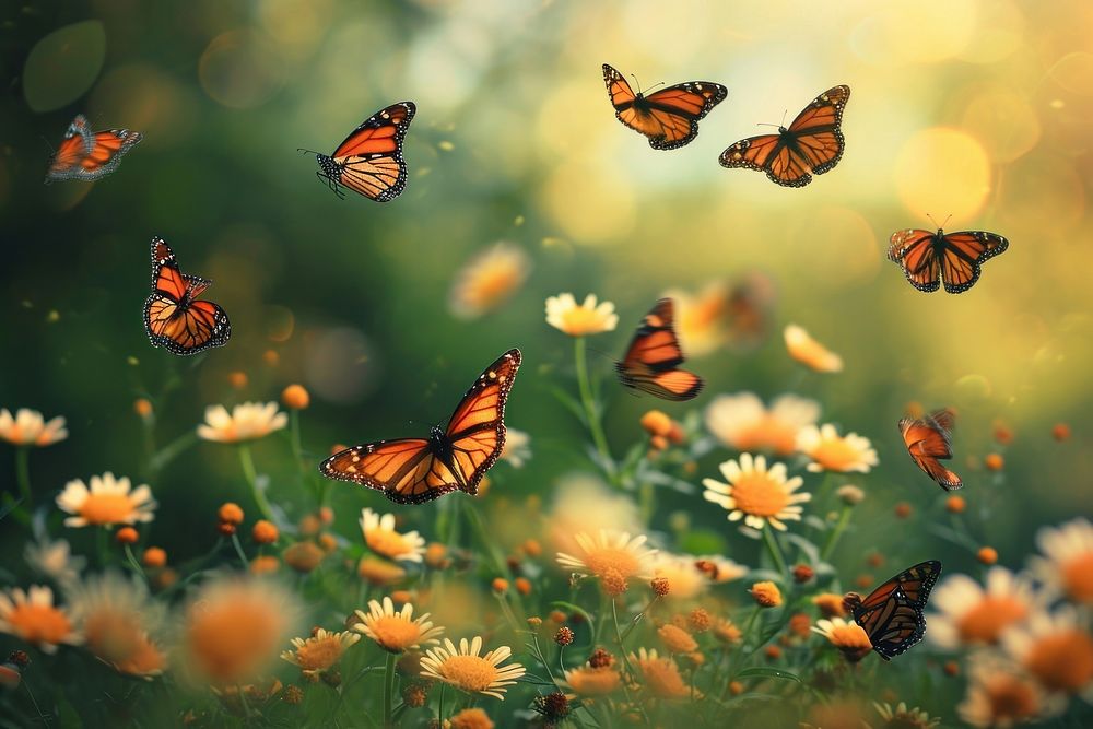 Group of butterfly outdoors nature flower. AI generated Image by rawpixel.