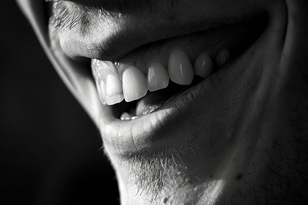 Man smiling teeth adult monochrome.